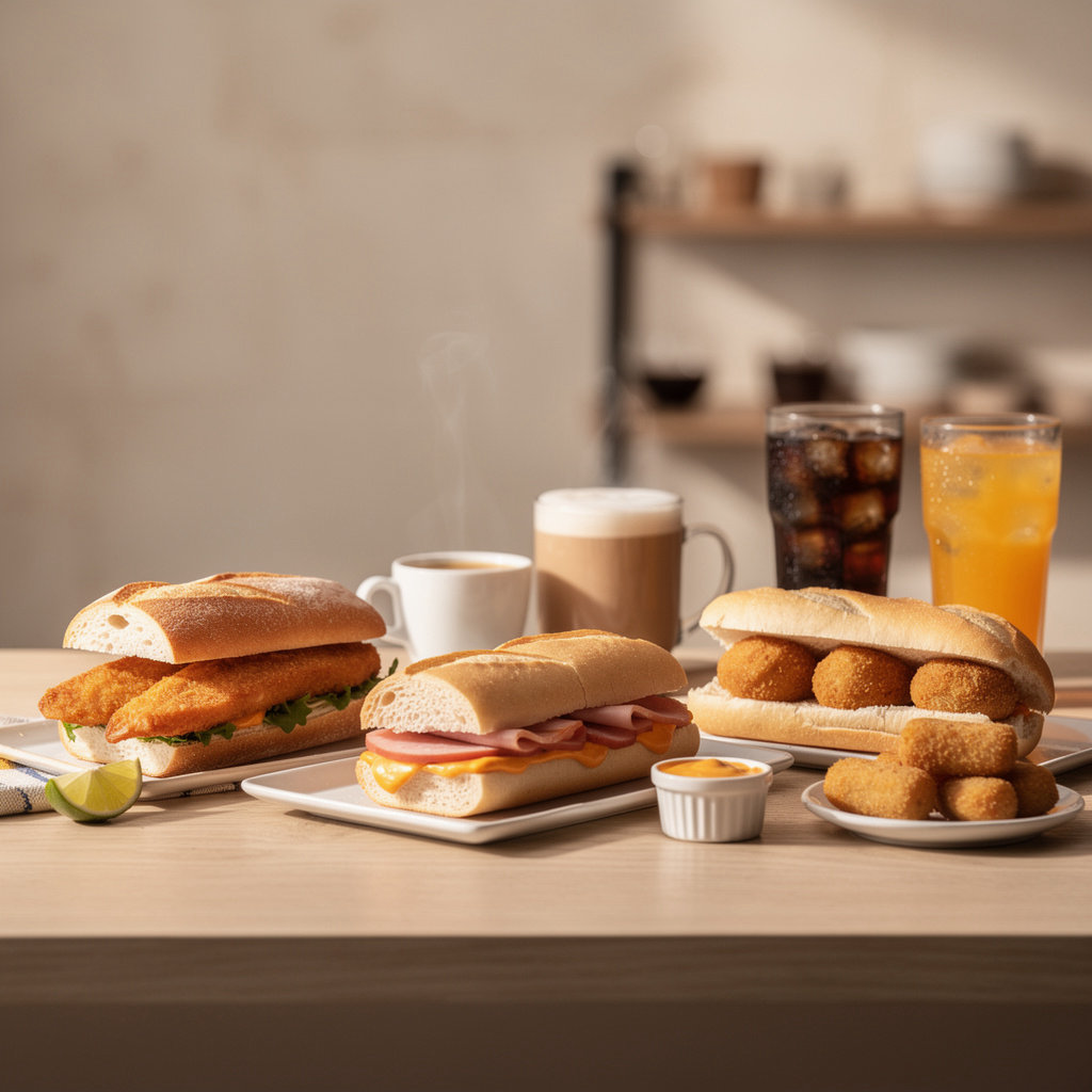 Cafeteria El Pasillo menú especial - Pan con croquetas, minuta de mar, café y refrescos frescos